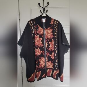 Chico's Black Floral Zip-Front Poncho Jacket
